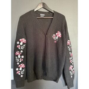 Hot Topic Oversized Mushroom Cardigan Sweater Women's L Black Embroidered Fairy